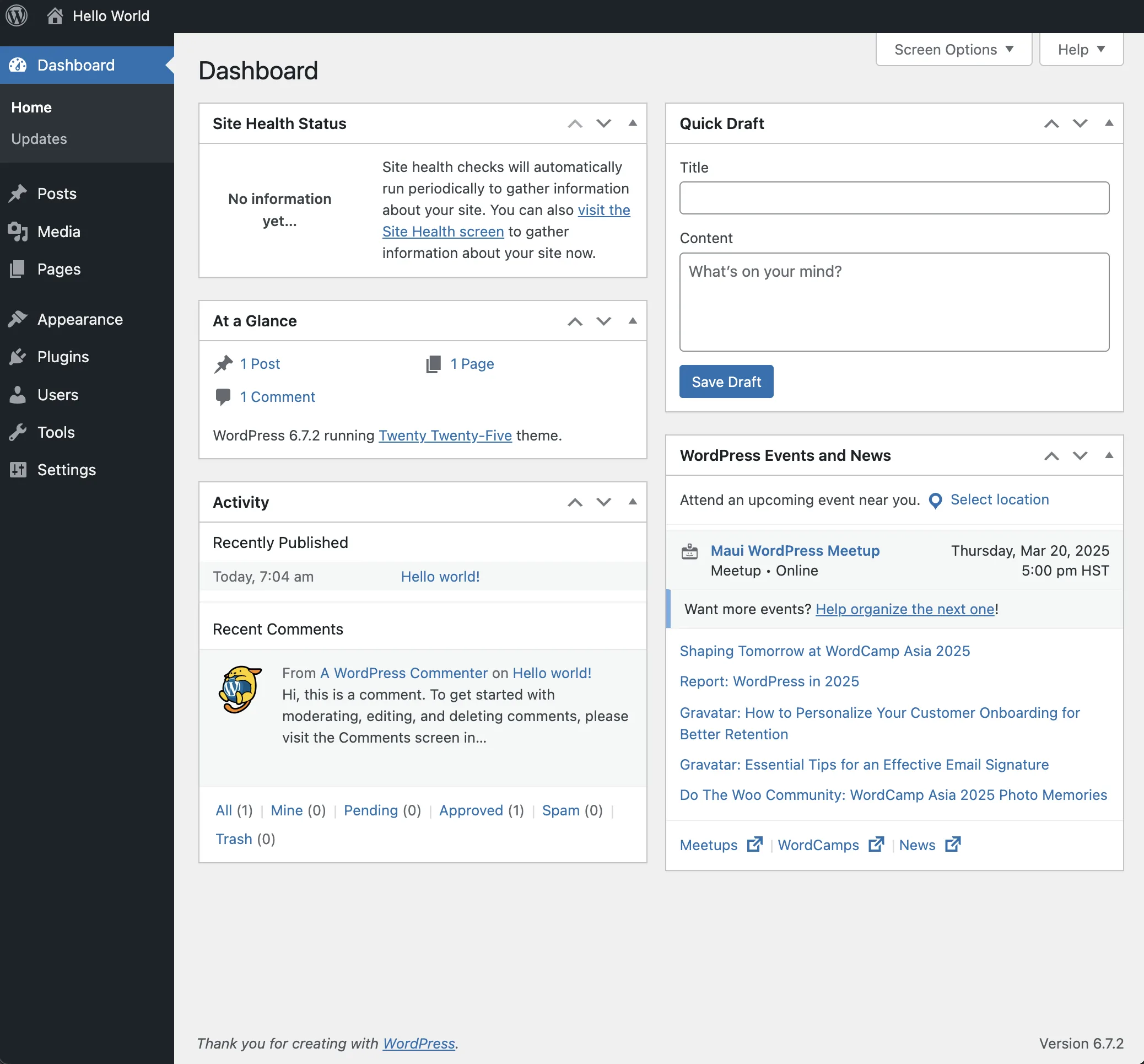 Wordpress 1 wordpress dashboard